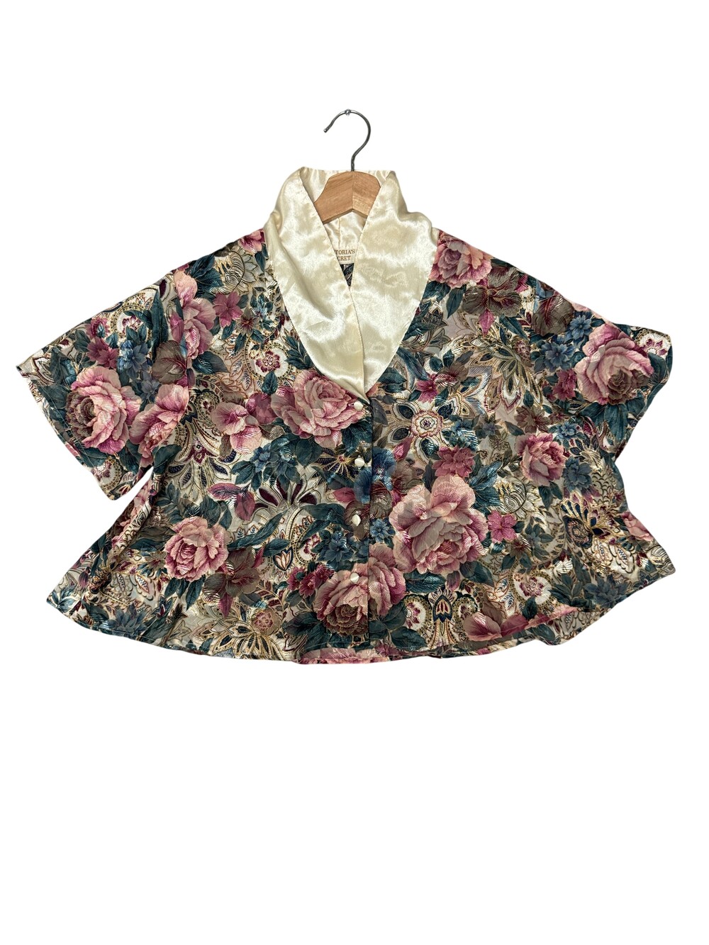 Vintage 90s Victoria's Secret Gold Logo Top Womens Small Floral Satin Kimono